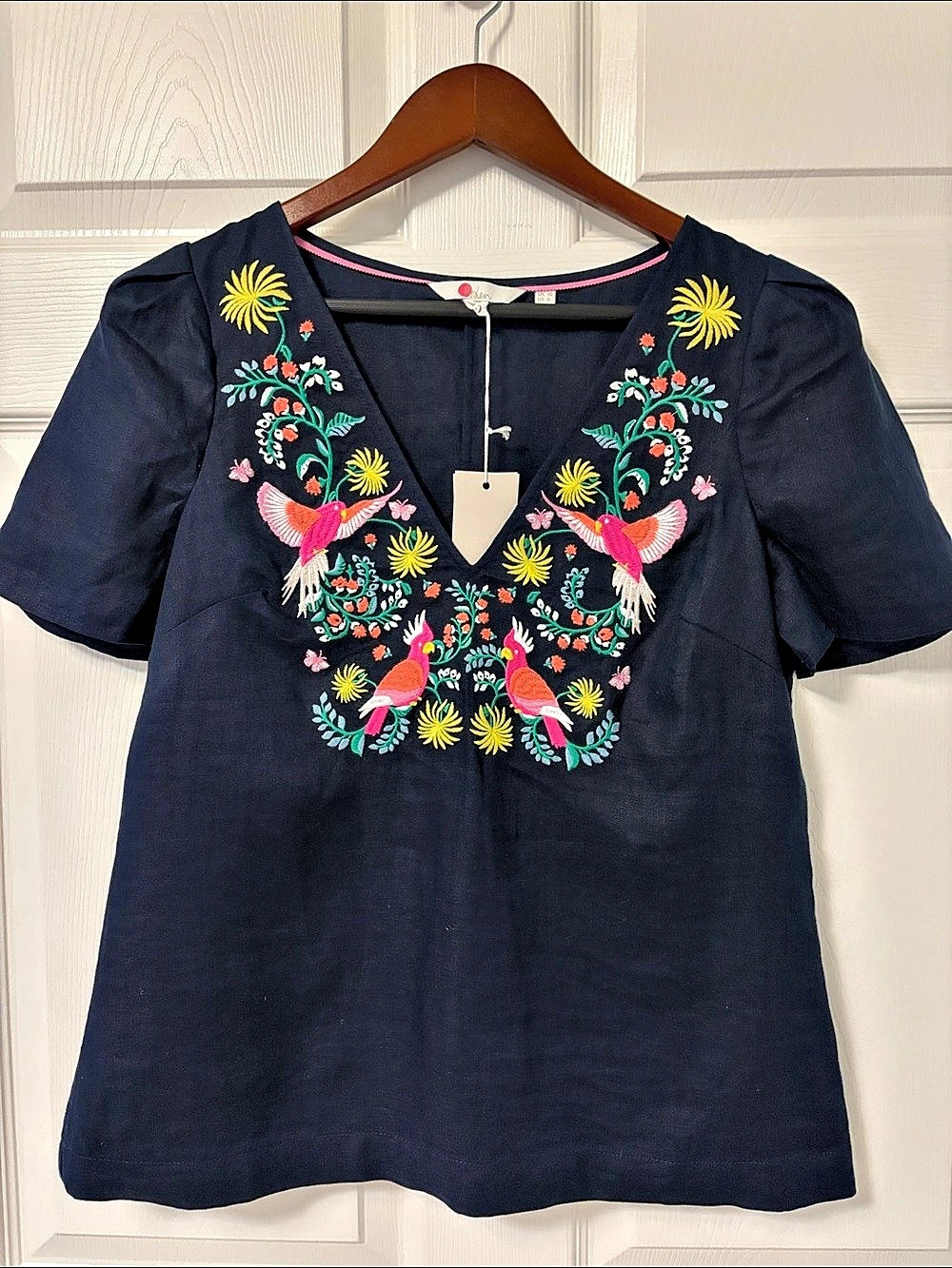 Boden Bonnie Linen Top Embroidered Floral Blouse Blue & Pink Size 6